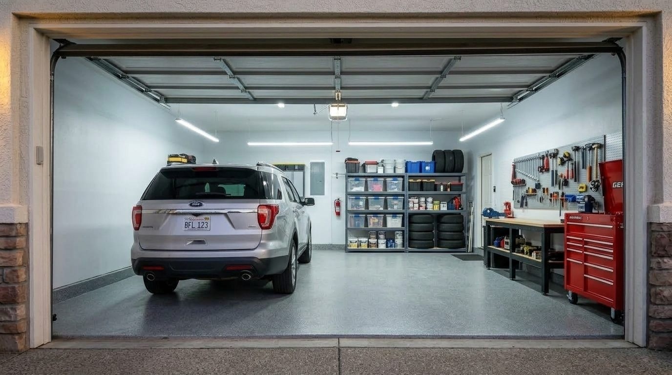 Monica Caldwell Garage Door Service Interior View of Custom Garage Door Overhead and Workshop
